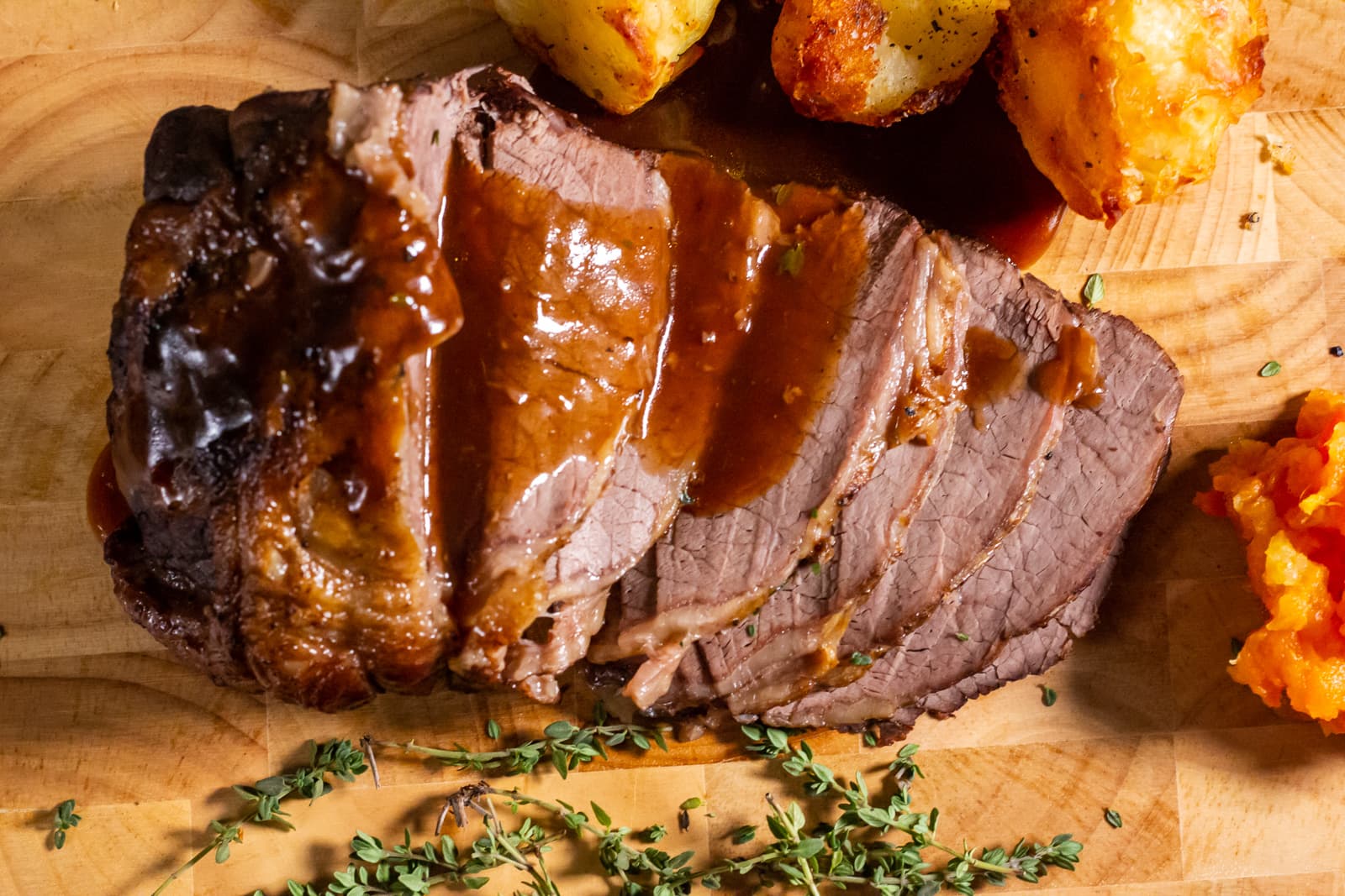 Miso rump roast with gravy and crushed potatoes