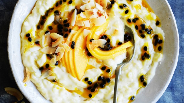 Rice pudding with passionfruit, caramelised banana and lime