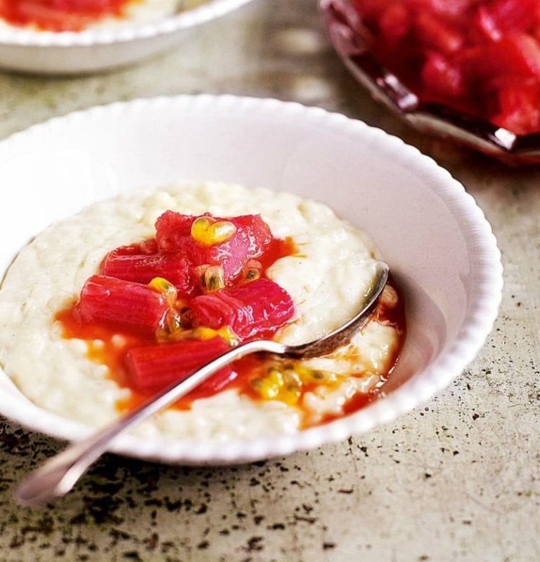 Coconut rice pudding with star anise and rhubarb