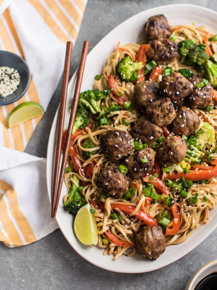 COCONUT LIME RICE NOODLE STIR FRY WITH LEMONGRASS MEATBALLS