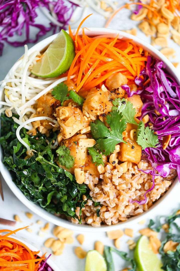 Chicken Veggie and Brown Rice Bowls with Peanut Sauce