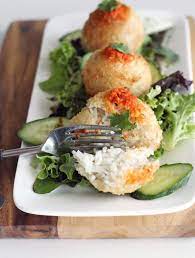 Japanese Crispy Fried Rice Balls with Tuna & Orange Wasabi Sauce